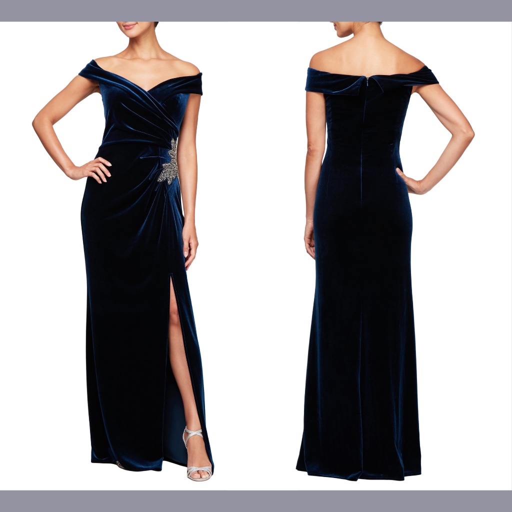 New Alex Evenings [ 18 Regular ] Off Shoulder Velvet Gown In Blue — image 3 of 8